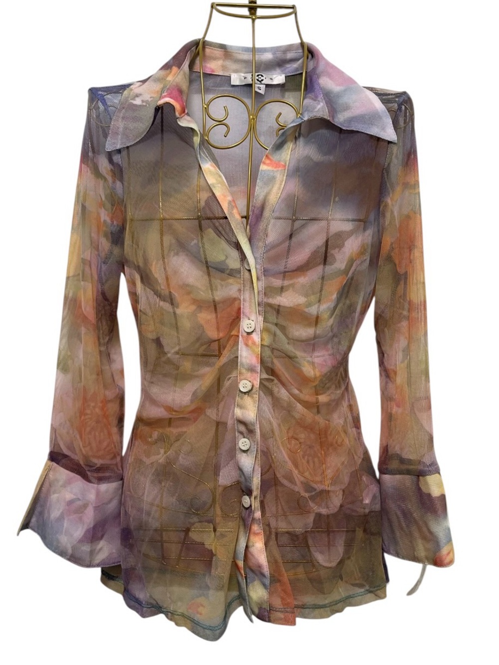 Vintage Y2K Paris IQ NWT marbled floral long-sleeve button-down blouse size S